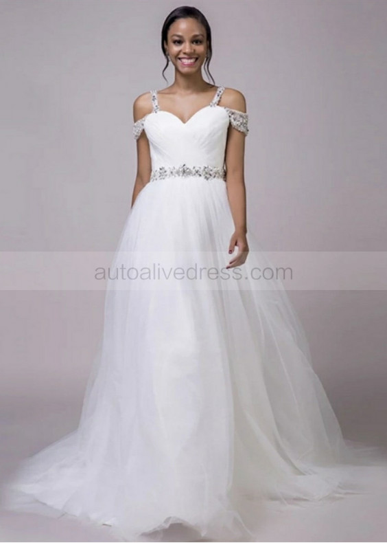 Off Shoulder Sweetheart Neck Beaded White Tulle Wedding Dress